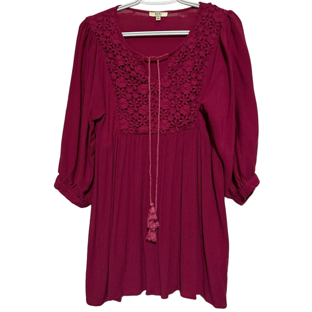 Kori America Women's‎ Deep Pink 3/4 Sleeves Top Tassel Ties Size S